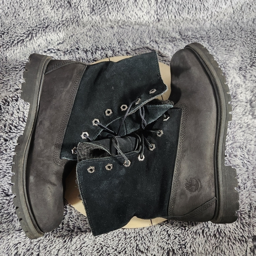 Timberland Authentics Teddy Fleece Fold Down Boots Black Nubuck WP Women's 8.5 - Picture 6 of 9